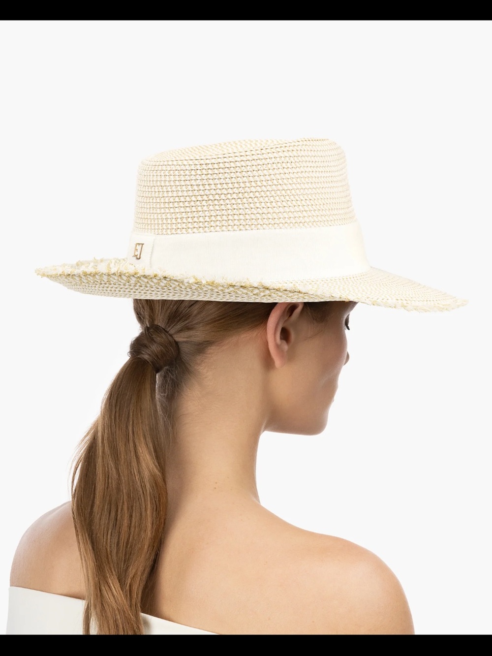 Eric Javits Fringe Pinch White Straw Fedora - Picture 3 of 9